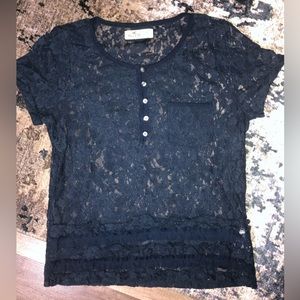 Hollister y2k sheer top womens XS Navy Floral lace boho Cottagecore boho